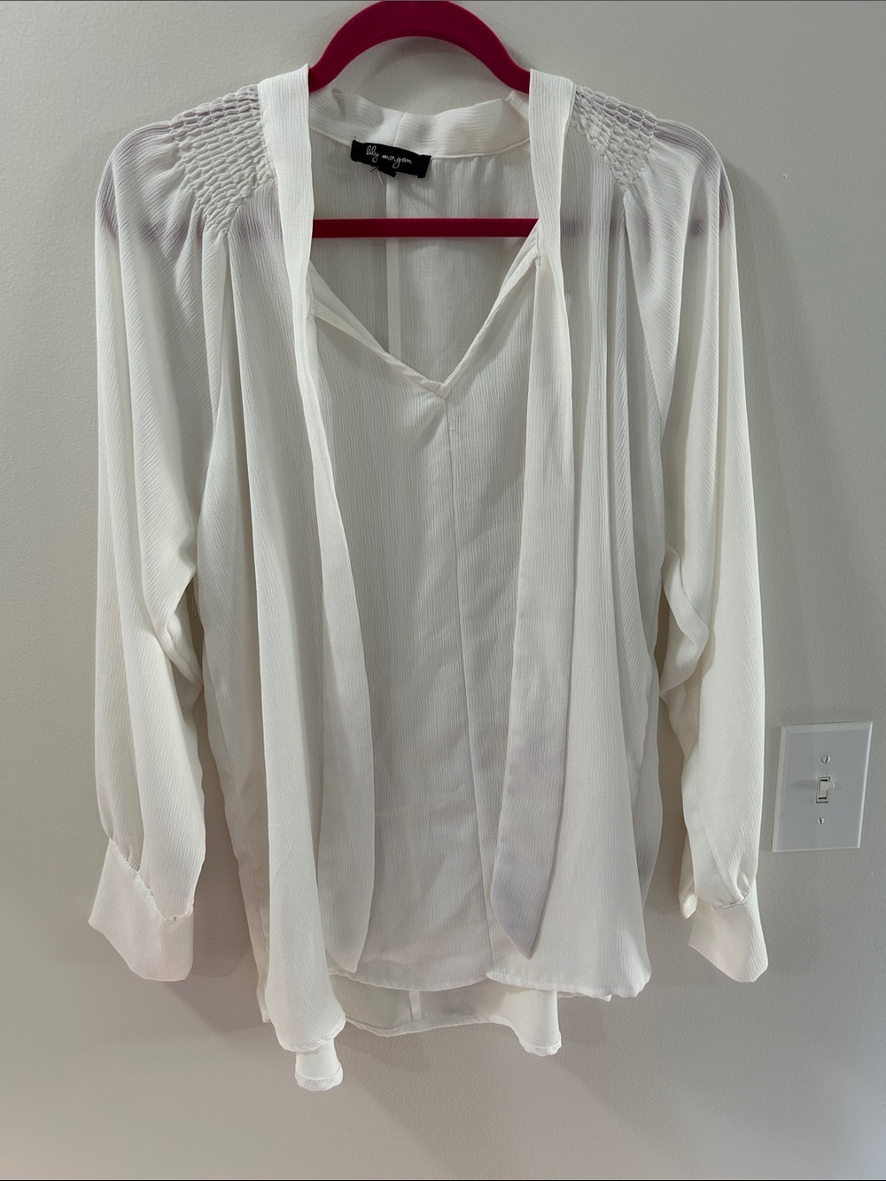 White Tie-Neck Blouse with Smocked Shoulders